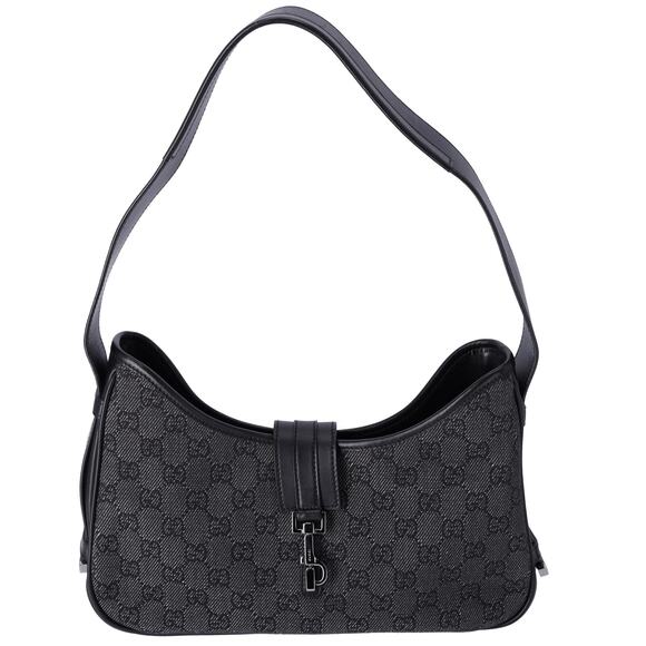 GUCCI GG Shoulder Bag 92736 Black Jacquard Leather Gray - Picture 1 of 7